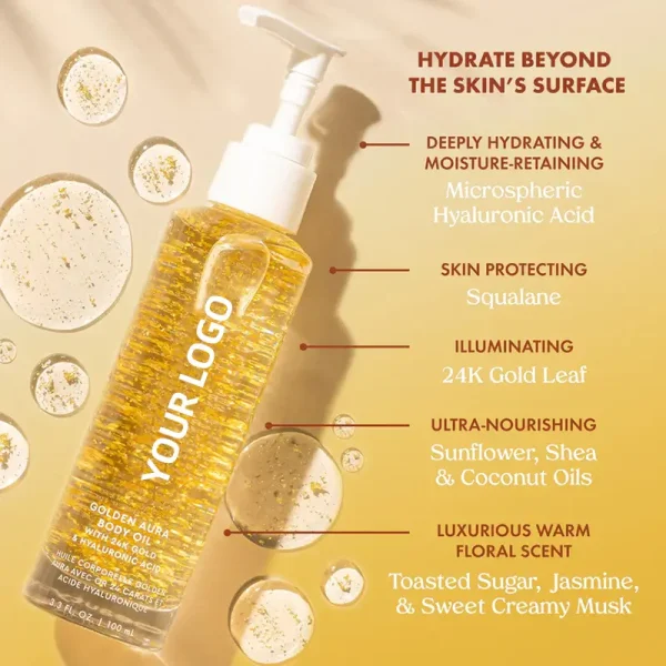 private label illuminating body oil with 24k gold for skin glow
