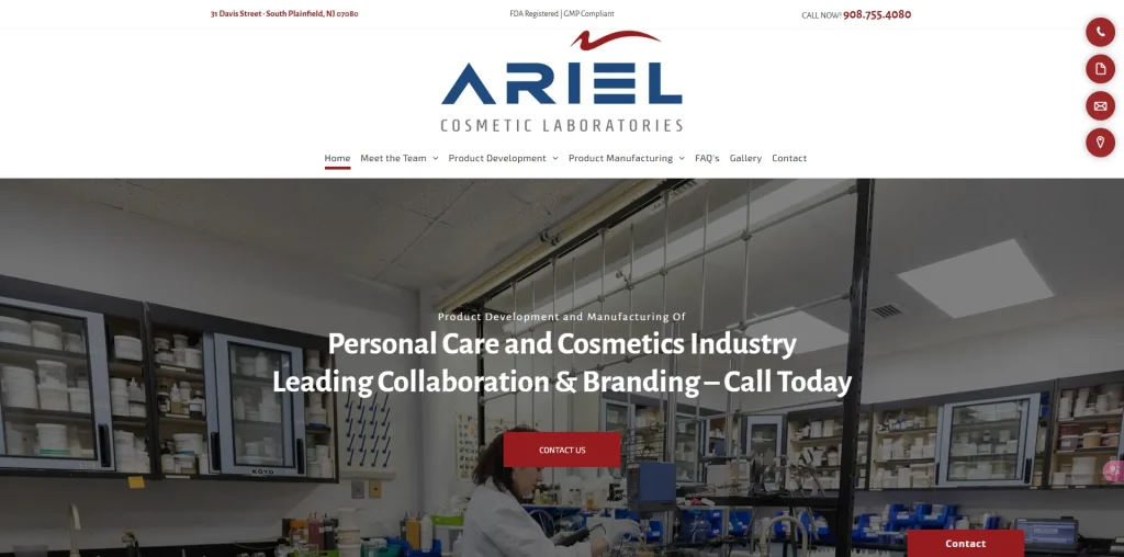 Ariel Cosmetic Laboratories website homepage showing a laboratory setting.