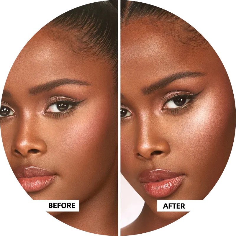 Side-by-side comparison showing a before and after makeup application on a woman's face.