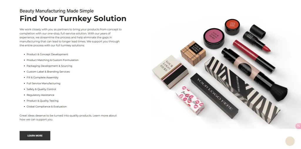 Promotional image describing beauty manufacturing turnkey solutions alongside various cosmetic products.