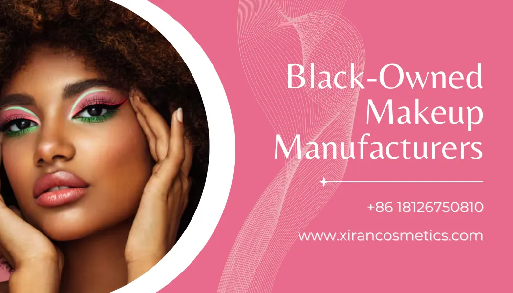 A promotional image featuring a woman with colorful makeup and text promoting Black-Owned Makeup Manufacturers.