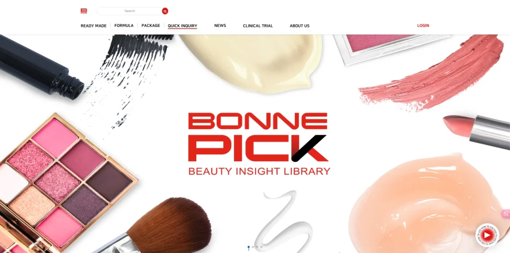 Bonne Pick Beauty Insight Library homepage featuring makeup products like lipstick, brush, and palette.