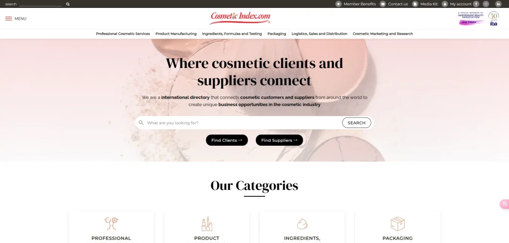 Homepage of the Cosmetic Index website showing a search bar and main navigation categories.