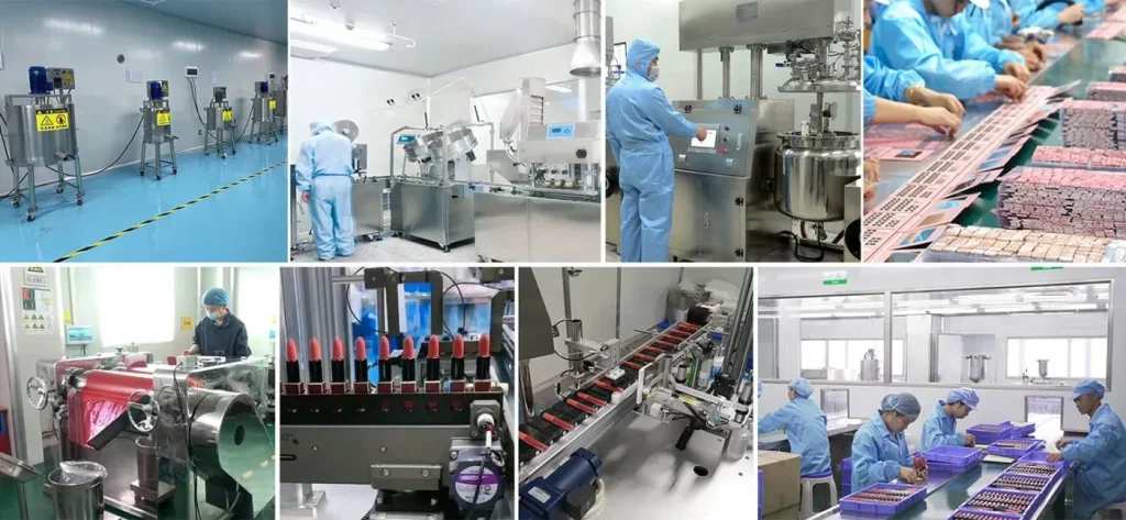 Images showcasing different stages of cosmetic manufacturing including machinery, packaging, and workers in a factory setting.