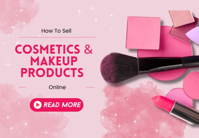 Immagine promozionale che mostra cosmetici e prodotti per il trucco con il testo "Come vendere cosmetici e prodotti per il trucco online".