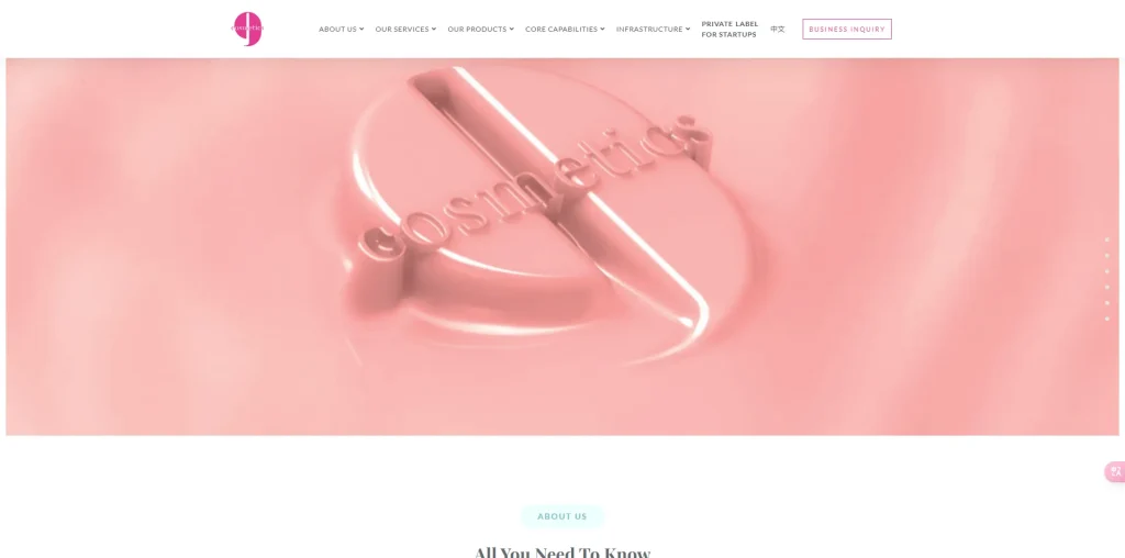 A pink background with a 3D-rendered representation of a pill split in half. The word 'cosmetics' is embossed on it.