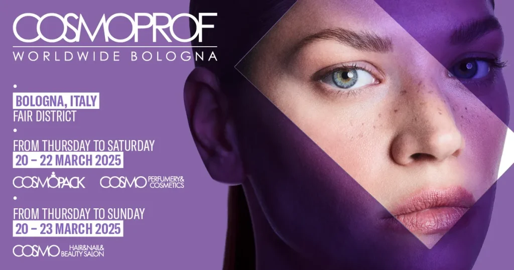 Promotional image for Cosmoprof Worldwide Bologna 2025 showing a partial face and event details.