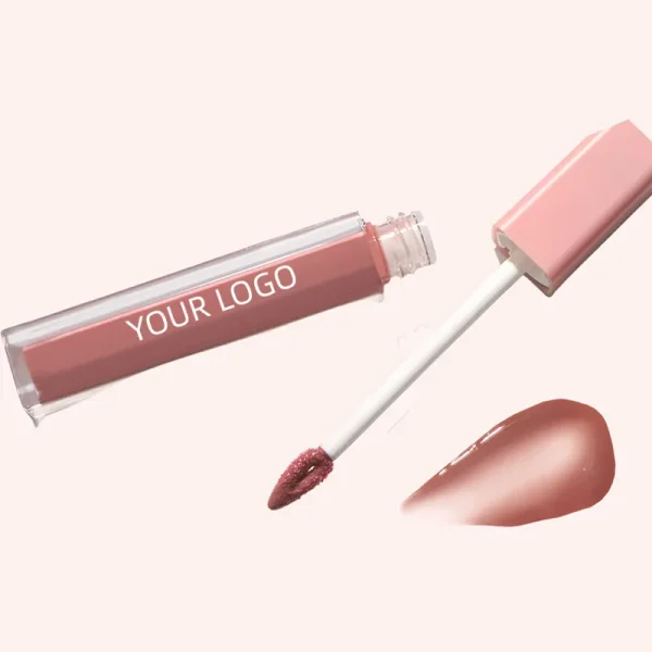 Lip gloss with customizable logo, showing applicator and swatch.