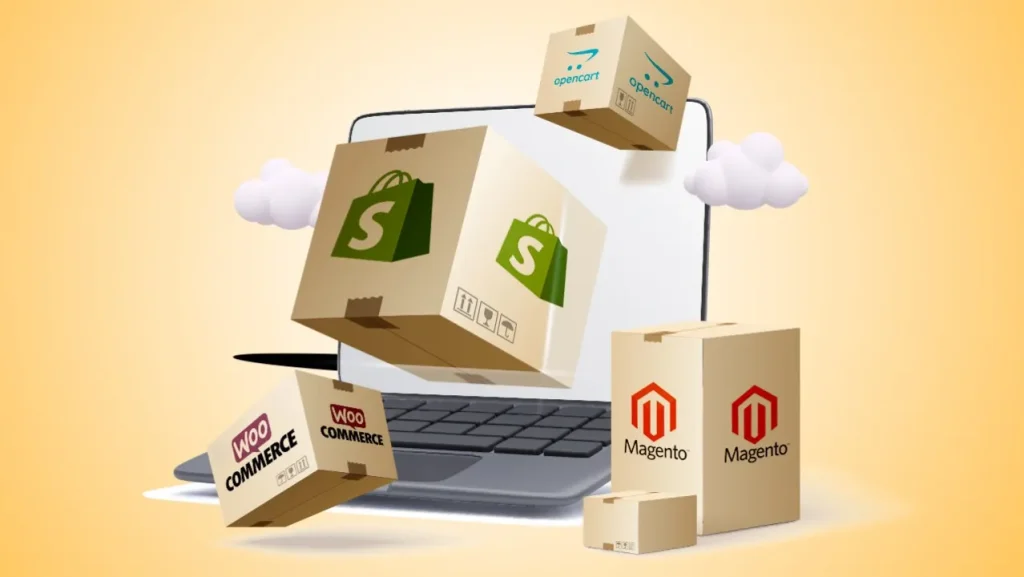 Boxen, die Shopify, WooCommerce, Magento und OpenCart auf einem Laptop mit bewölktem Hintergrund darstellen.