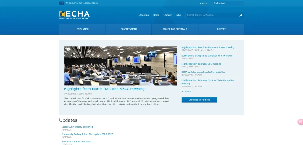 European Chemicals Agency website homepage featuring news and updates.