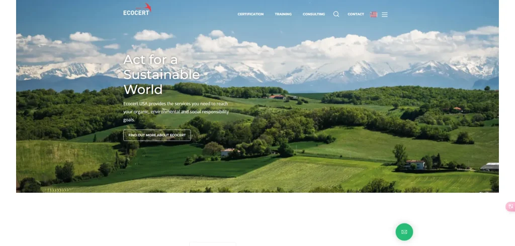 La pagina web di Ecocert che promuove i servizi per la sostenibilità in un paesaggio panoramico con montagne e verde.
