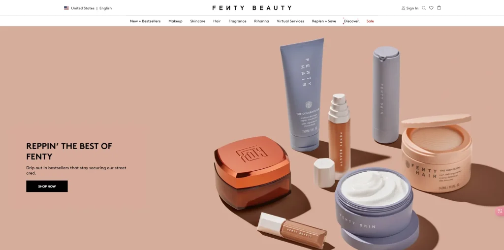 Display of various Fenty Beauty products against a beige background.