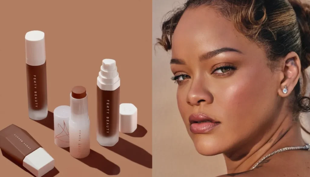 A display of Fenty Beauty cosmetic products alongside a close-up of a model's face.