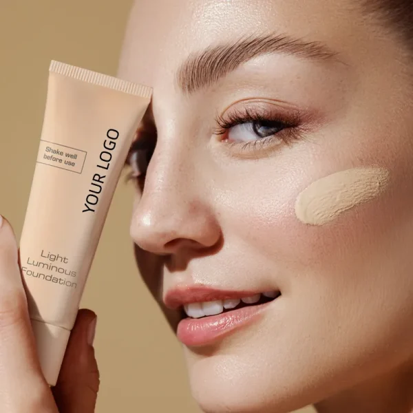 A hand holding a light luminous foundation tube with the instructions 'Shake well before use' and space for a logo