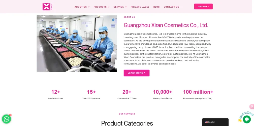 Factory workers in a cosmetics production line at Guangzhou Xiran Cosmetics Co., Ltd.