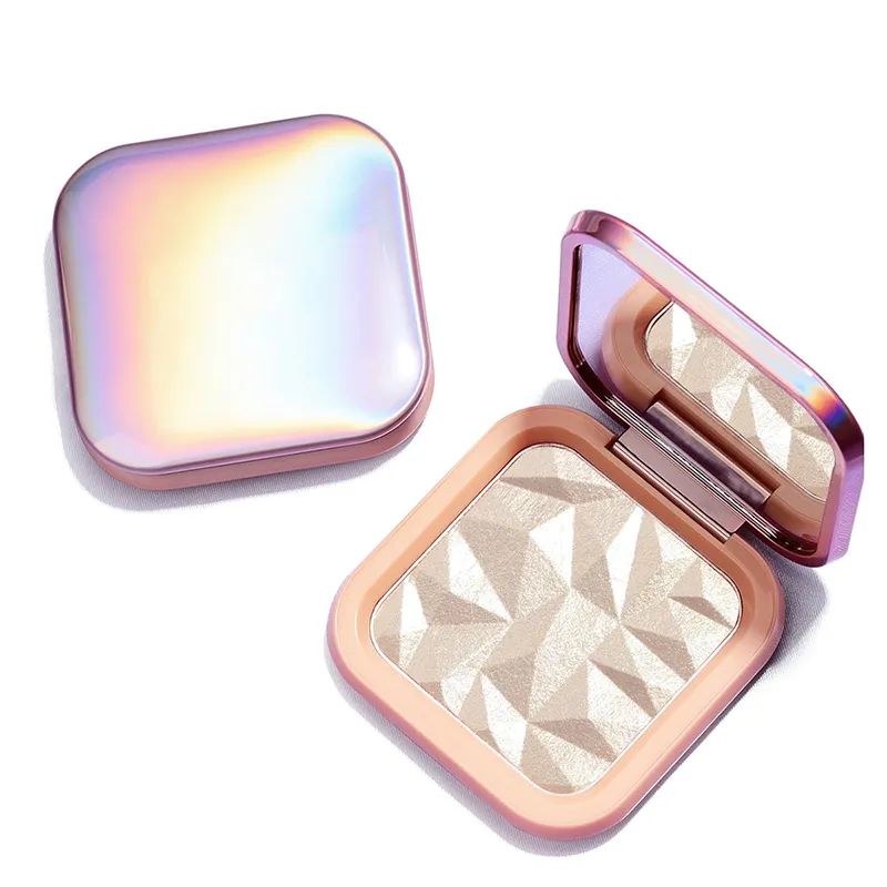 Open and closed iridescent highlighter compacts with geometric pattern.