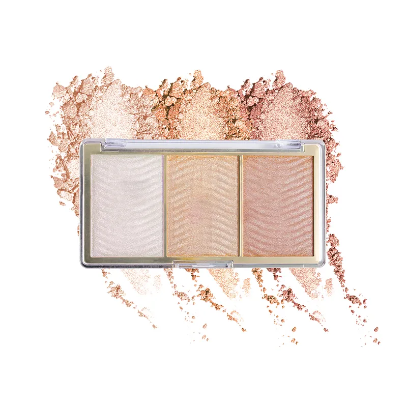 A three-shade highlighter makeup palette with powder swatches in the background.