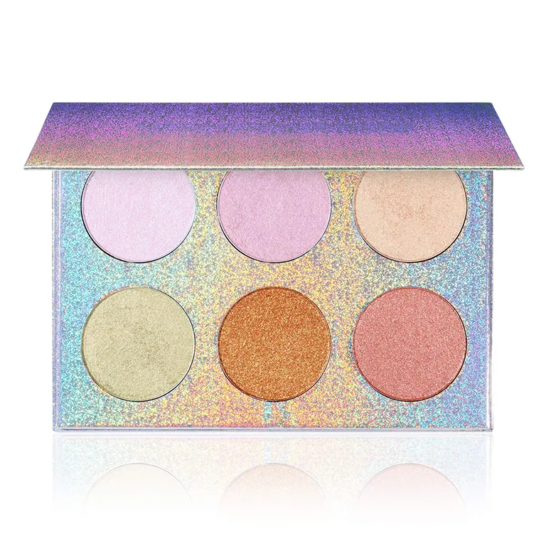 Holographic makeup palette with six shimmering shades.