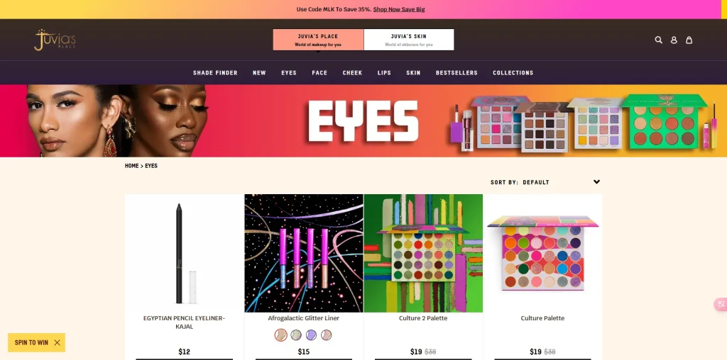 Juvia's Place website showing the Eyes makeup section with products like eyeliner and palettes.