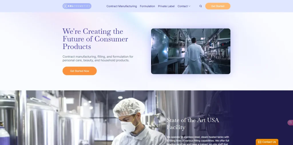 KBL Cosmetics homepage with text about creating the future of consumer products and a person working in a facility.
