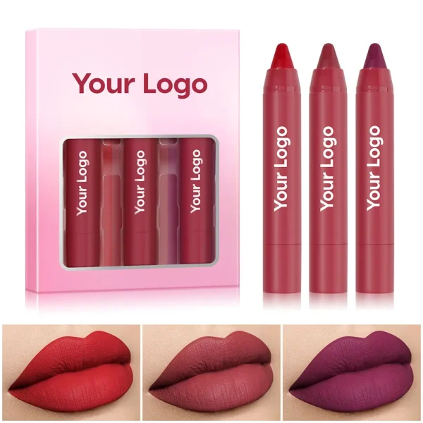 Set of lip crayons with packaging and swatches showing red, mauve, and plum shades.