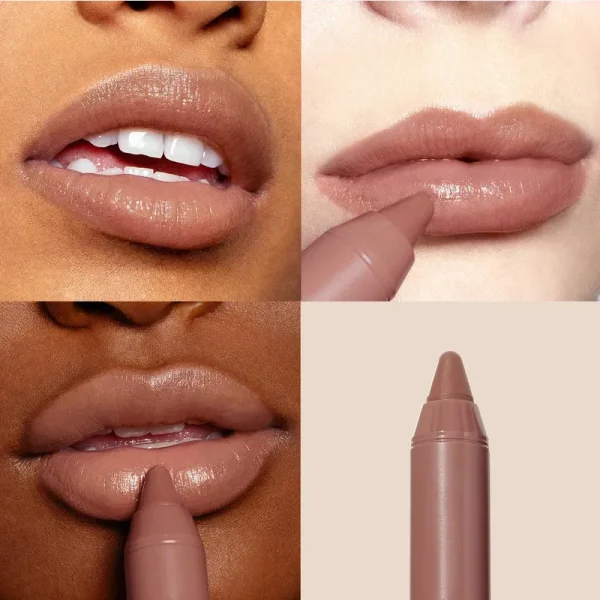 Collage showing different skin tones with a nude lip crayon applied, along with a close-up of the lip crayon product.