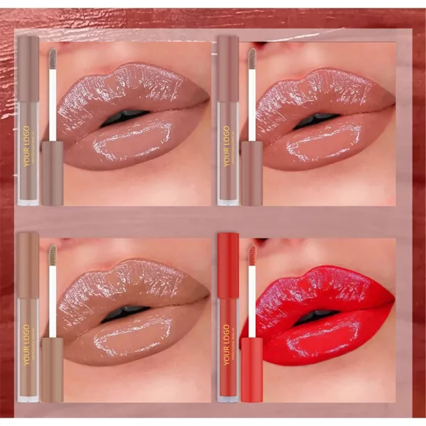 Image showing four close-ups of lips with different shades of glossy lipstick; two nude shades and two red shades, with the corresponding lip gloss applicators next to them.