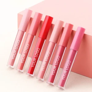 Six tubes of lip gloss arranged in a row with varying shades of pink and red, labeled 'Your Logo'.
