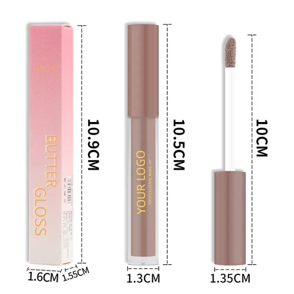 Image displaying the dimensions of butter gloss lip product packaging, tube, and applicator.