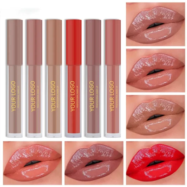 A collection of six different colored lip gloss tubes with accompanying images of each color applied on lips, including shades of nude, brown, pink, and red.