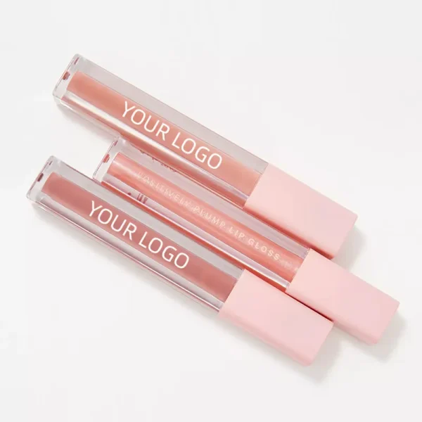 Three tubes of lip gloss with pink caps and customizable logo space.