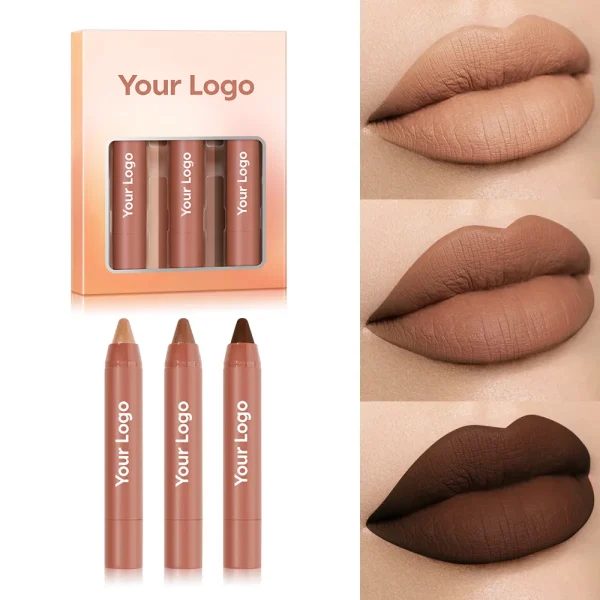 A set of three lip liners with accompanying lipstick swatches, packaged in a box labeled 'Your Logo'.
