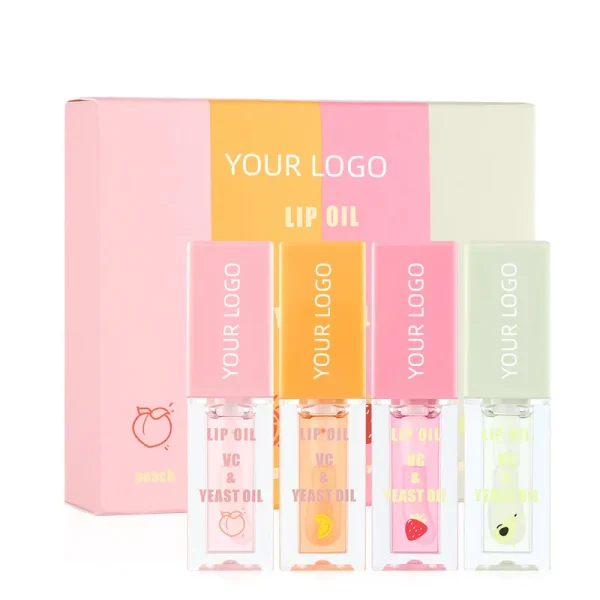 A set of four lip oils with different flavors and colors in a branded packaging.