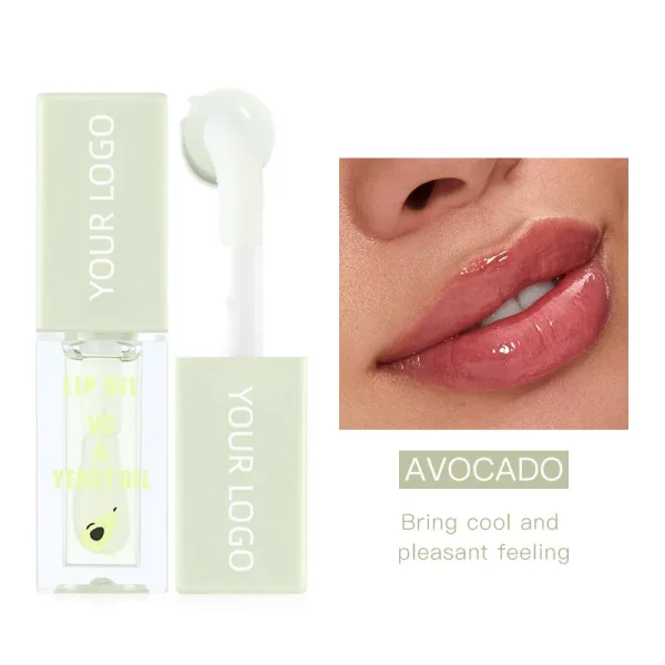 A close-up of glossy lips next to lip oil packaging featuring avocado and ingredients offering a cool and pleasant feeling.
