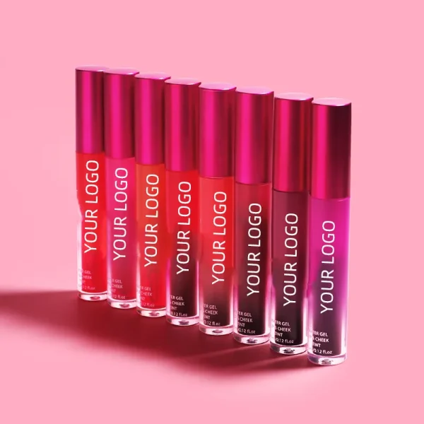 A lineup of colorful lip tint bottles with a customizable logo on the front.