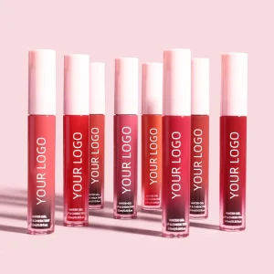 A collection of water gel lip and cheek tints in various shades with Your Logo branding on a pink background.
