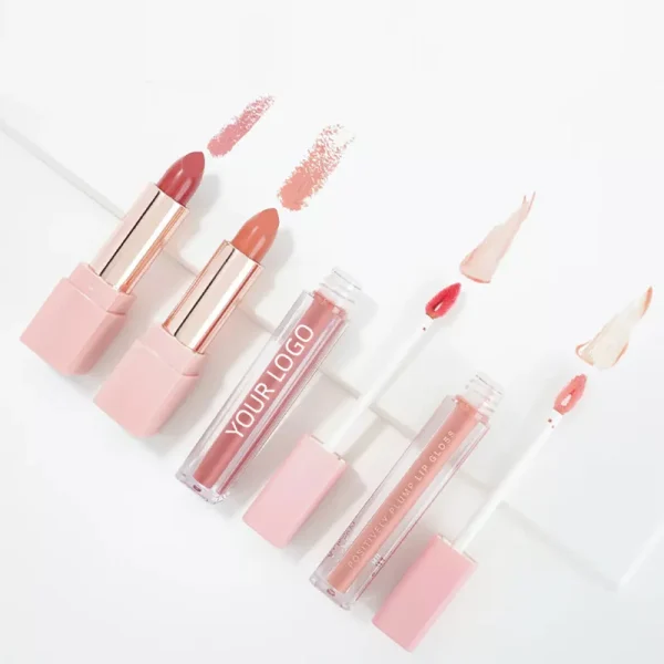 A set of lipsticks and lip glosses with swatches displayed on a white background.