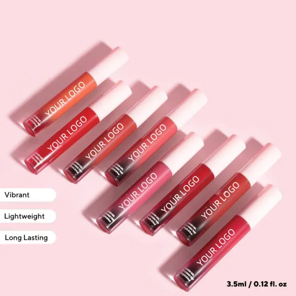 Eight Lip & Cheek Tint arranged diagonally with a pink background. Each lipstick has 'YOUR LOGO' text. Descriptors include Vibrant, Lightweight, Long Lasting.