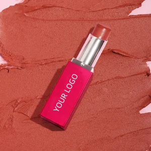 Tinted Lip Balm with customizable logo on a smudged lipstick background.