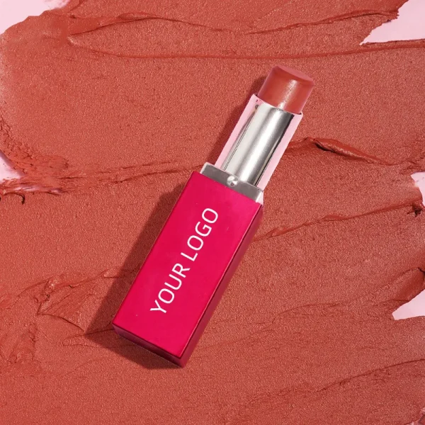 Tinted Lip Balm with customizable logo on a smudged lipstick background.