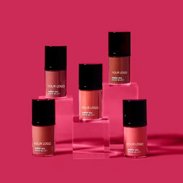 Five liquid blush containers on clear stands with a pink background.