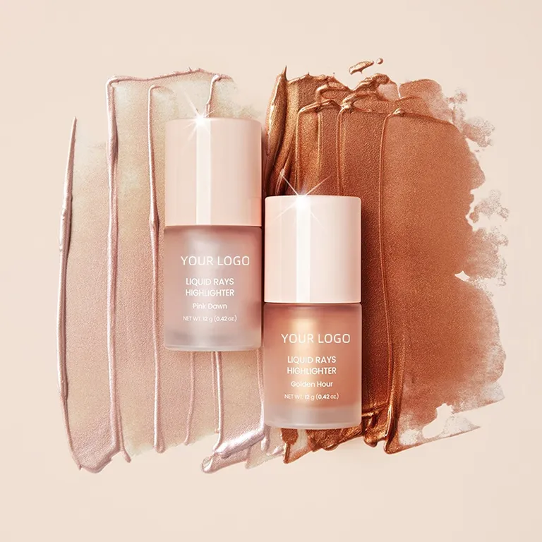 Two bottles of liquid highlighter in different shades on a textured background.