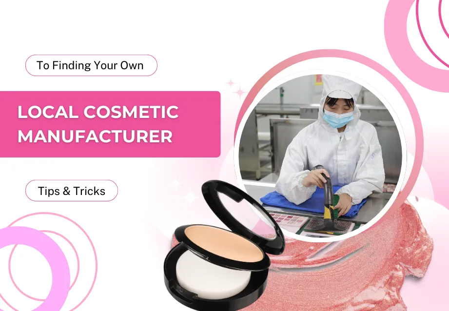Ein Leitfaden für die Suche nach einem Kosmetikhersteller in Ihrer Nähe mit Tipps und Tricks, mit einem Bild einer Person in Schutzkleidung und Kosmetikprodukten.