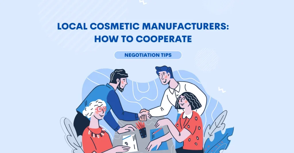 Illustration of people discussing at a table with the text 'Local Cosmetic Manufacturers: How to Cooperate - Negotiation Tips'