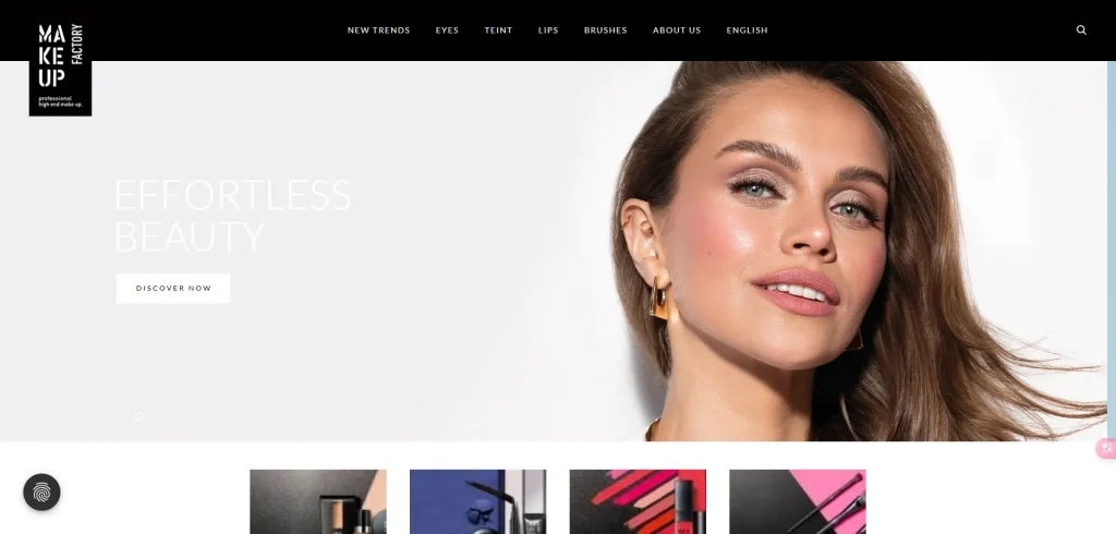 Homepage of Make Up Factory showing a makeup advertisement with a model.