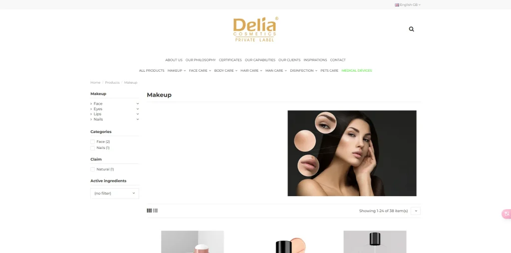 Screenshot of Delia Cosmetics website showcasing makeup products with a model image.