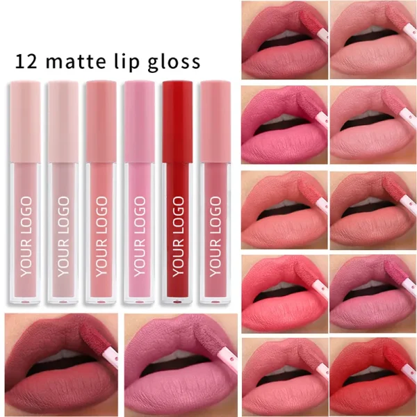 Image of 12 matte lip glosses in various shades with swatches on lips.