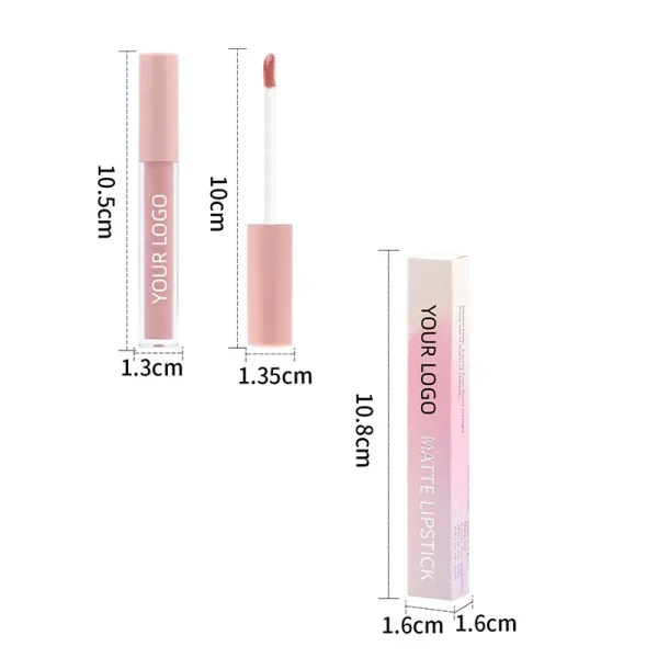 Image showing a matte lipstick and its packaging. The lipstick is in a sleek, cylindrical tube measuring 10.3 cm tall and 1.3 cm wide. It features a classical wand applicator. The pink box is 10.8 cm tall and 1.6 cm in width, with 'Your Logo' printed vertically alongside the words 'Matte Lipstick'.