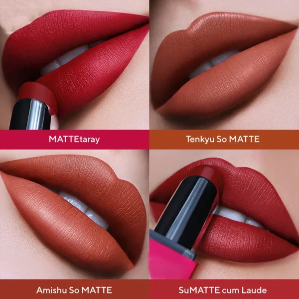 Four images of lips wearing different shades of Glossy tinted lip balm.