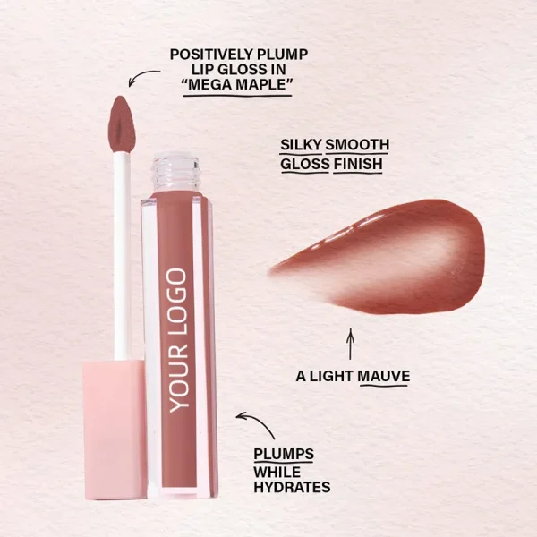Image of a lip gloss bottle with a mauve shade labeled Mega Maple and descriptions of its features.